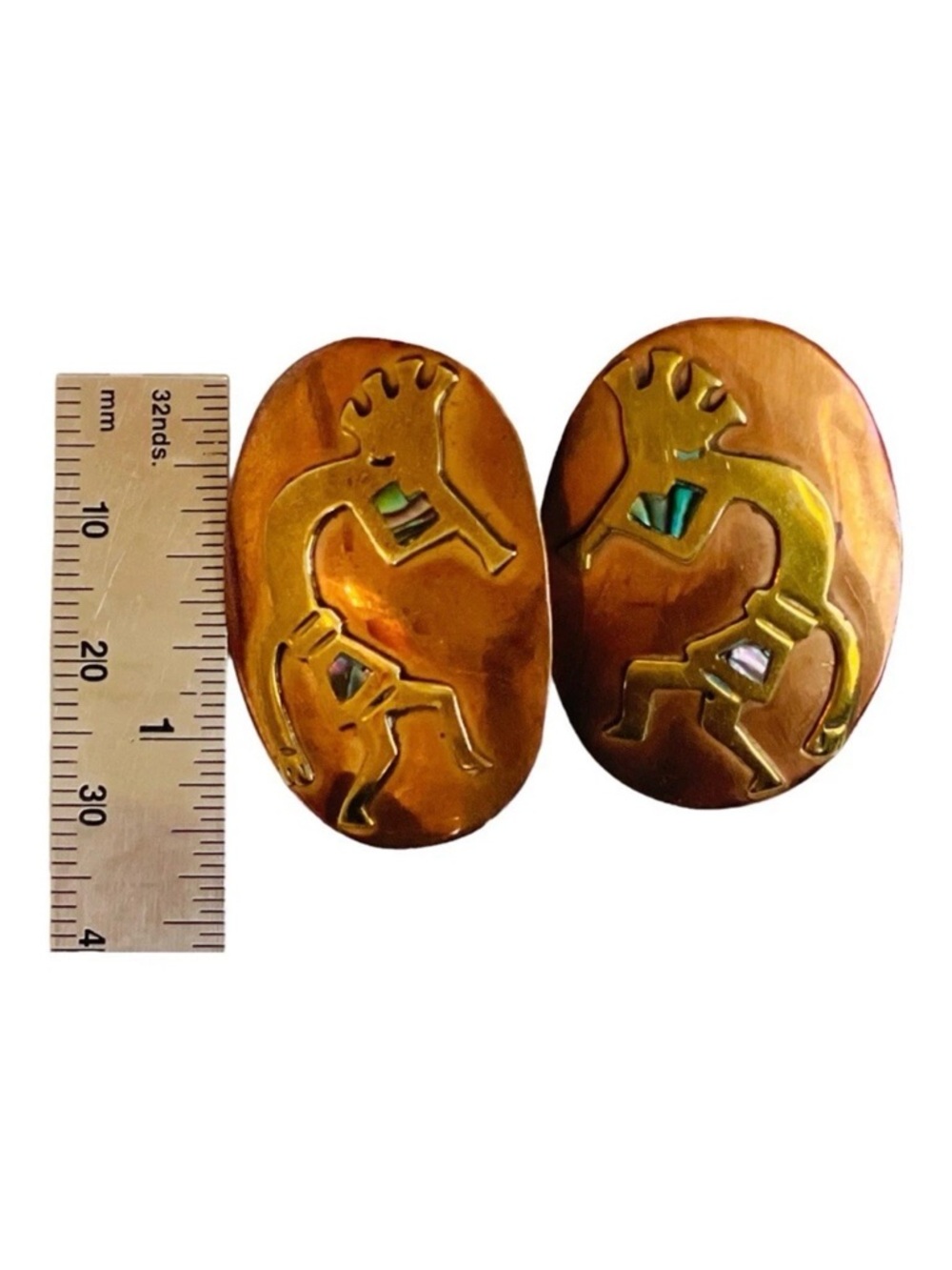 Vintage Copper & Brass with Abalone Shell Inlay Kokopelli Earrings - Picture 4 of 4